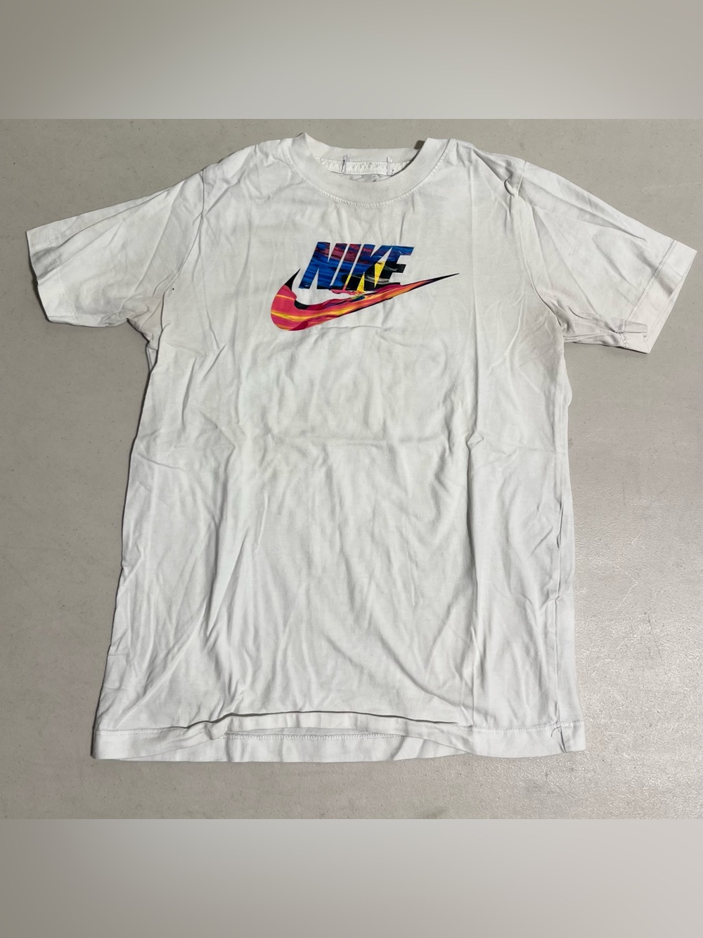 Nike White Tee with Multicolor Swoosh Graphic